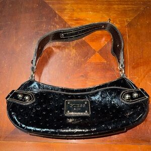 Vintage Guess Shoulder Bag Black Patent Leather Crocodile Ostrich W/ Studs Y2K